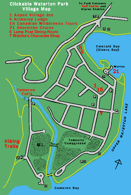 Clickable map of the Waterton Park townsite.